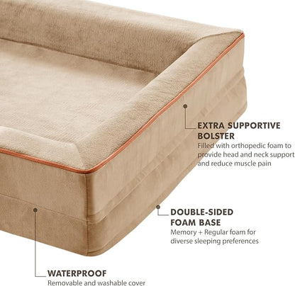 Friends Forever Orthopedic Dog Bed for Extra Large Dogs, Waterproof Memory Foam Dog Sofa Bed XL with Removable Washable Cover, Ally Khaki, 42x32x7