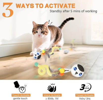 KiwiLove Cat Toys, Interactive Kitten Toys Indoor Cats, USB Rechargeable Electronic Smart Exercise Toy, Motion Activated Fast Moving Chirping Stimulating Light, 2 Feather Tails (White)