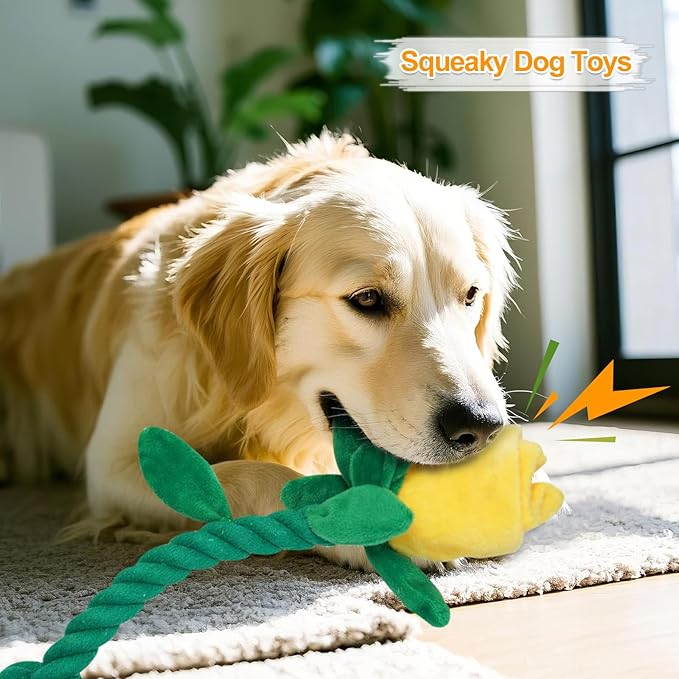 Rose Flower Plush Squeaky Dog Toys with Crink Paper for Small Medium Large Dogs