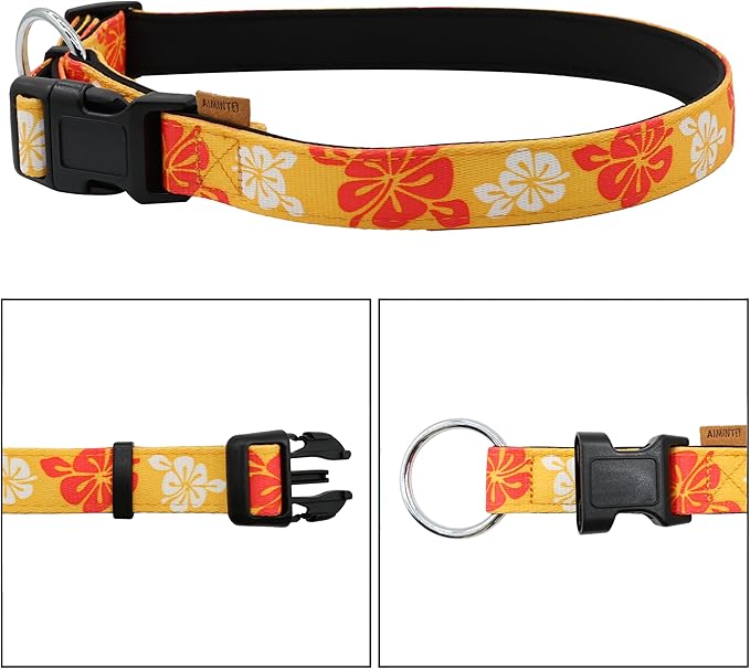 Dog Collar, Cute Floral Pattern, Neoprene Padded and Adjustable Collar with Quick Release Buckle, Reinforced Structure (L (Neck 18-28", Width 1"), Hawaiian Orange)