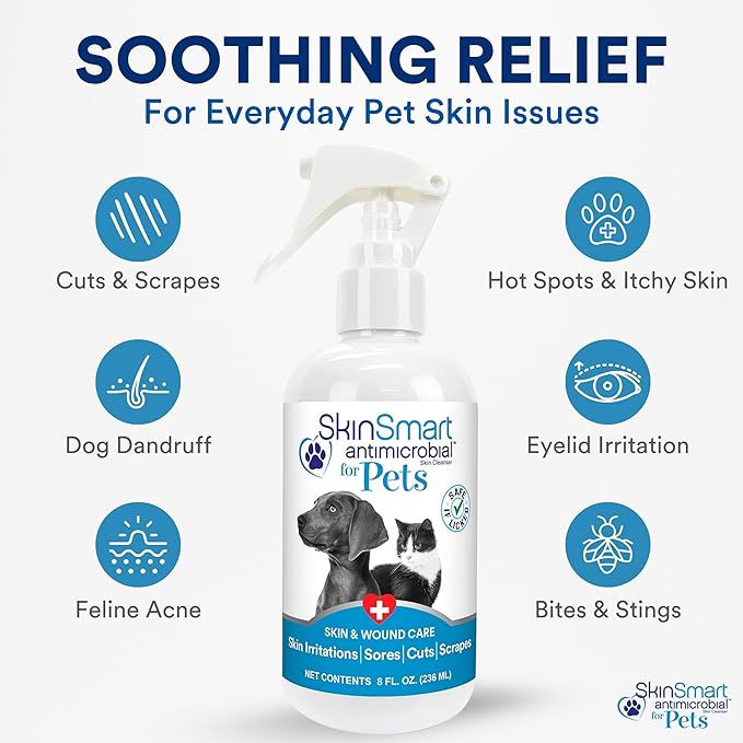 SkinSmart Antimicrobial Wound Care for Pets, Hypochlorous Acid Removes Bacteria to Promote Healing and Relieves Itch, Safe if Licked, 8 Ounce Spray Bottle