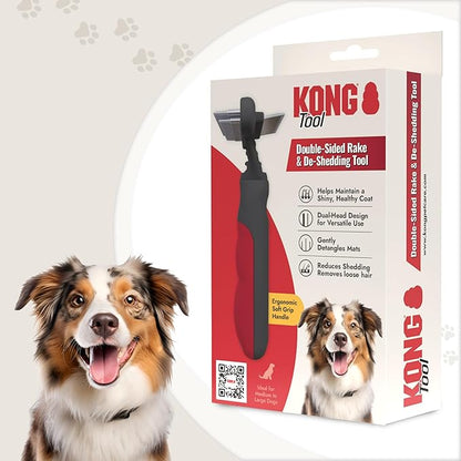 KONG Double-Sided Rake & Deshedding Tool – Detangling & Shedding Control, Rounded Metal Tips, Non-Slip Grip, for Medium to Large Dogs with Medium to Long Coats, Red/Gray
