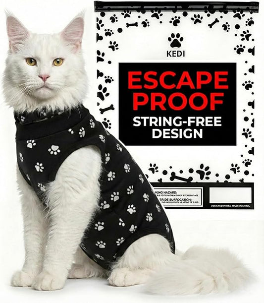 Cat Surgery Recovery Suit Female Cat Onesie for Cats After Surgery Spay Surgical Abdominal Wound Skin Diseases E-Collar Alternative Wear Kitten (Black, Large)