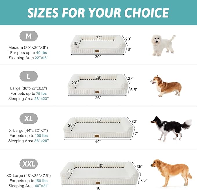 COZY KISS Cute Dog Bed for Large Dogs, Faux Rabbit Fur Orthopedic Foam Dog Bed with Sides, Removable Washable Cover & Waterproof Lining, Comfortable Pet Couch, Cream (44" L x 32" W x 7" Th)