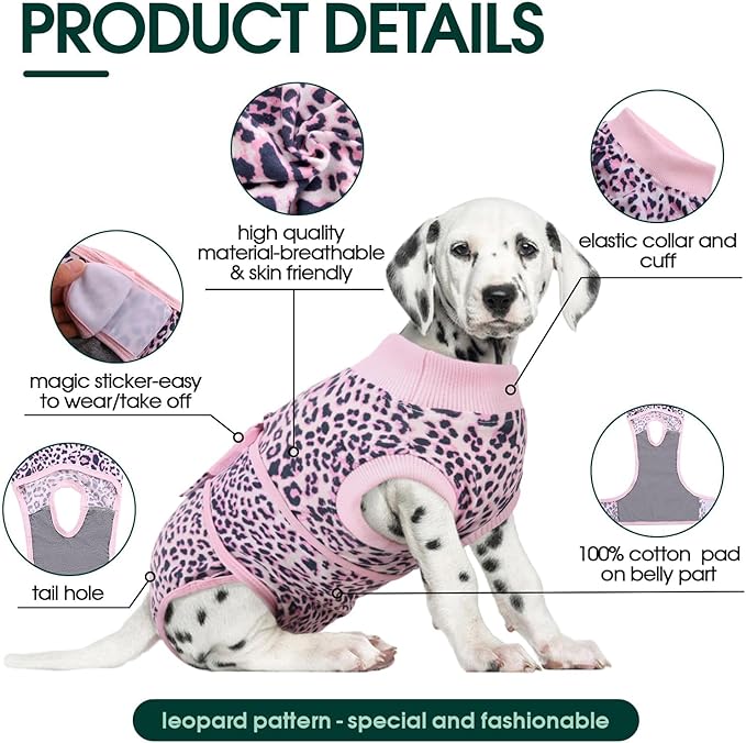 Kuoser Dog Surgery Suit, Comfy Dog Recovery Suit Female Doggie Onesie for Surgery, Post Op Protective Onesie, Soft E-Collar Alternative for Cats & Puppies, PinkLeopard XS