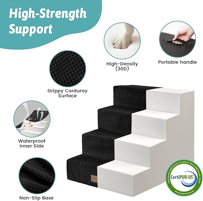 COZY KISS Dog Stairs for Small Dogs, 4 Tier Pet Stairs for Couch and Beds, 17.7" H Non-Slip Dog Steps for Old Cats, Puppy, Small Medium Dogs, 15.7x23.6x17.7 inch, Black