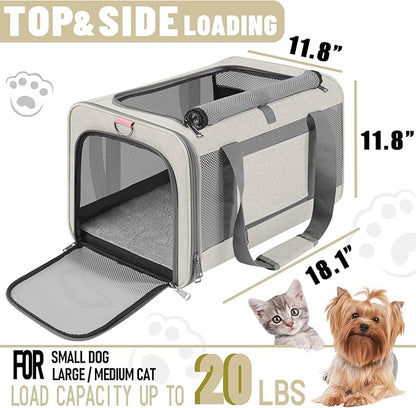 GAPZER Pet Carrier for Large Cat 20 lbs+ / Soft Sided Small Dog 12 Pounds Travel Crate Top Load/Collapsible Kitty Carry Bag Big Kitten Mesh/Sturdy Animal Transport cage Kennel Long Trips Beige