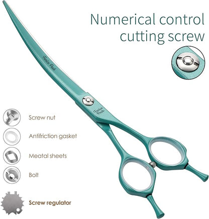 Fenice Peak Curved Dog Grooming Scissors with Green Color Coating 440C Stainless Steel Pet Grooming Bending Shears Sharp and Durable Comfortable Engonomic Handle