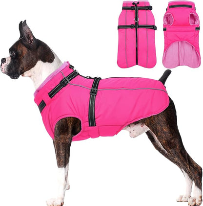 Lelepet Dog Winter Coat Waterproof Dog Jacket with Harness Built in Windproof Reflective Pet Coats for Small Medium Large Dogs, Thermal Fleece Lined Coats for Cold Weather Walking Hiking, Pug, M