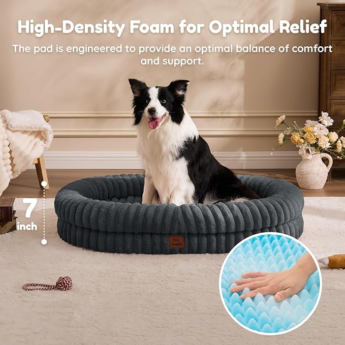 XL Dog Bed - Luxury Striped Faux Fur Waterproof Pet Couch with Removable Washable Cover, Orthopedic Dog Bed with Bolster Sides for Sleeping, Dark Grey