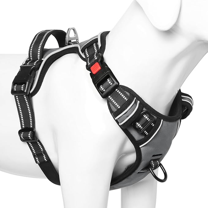 Timos Dog Harness Medium Sized, No Pull with Neck Lockable Snap,No Choke Front Clip Dog Reflective Harness,Adjustable Metal Rings 3 Buckles,Easy Control Handle for Medium Dogs Gray M