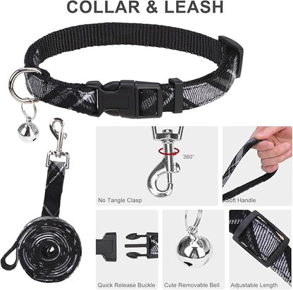 EXPAWLORER Classic Plaid Puppy Harness - Dog Collar and Leash - Soft Mesh Padded Adjustable Step in Small Dog Vest Harness No Pull, Reflective Escape Proof for Outdoor Walking, Black XS