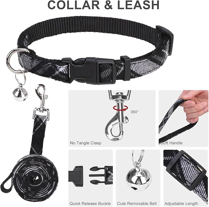 EXPAWLORER Classic Plaid Puppy Harness - Dog Collar and Leash - Soft Mesh Padded Adjustable Step in Small Dog Vest Harness No Pull, Reflective Escape Proof for Outdoor Walking, Black L