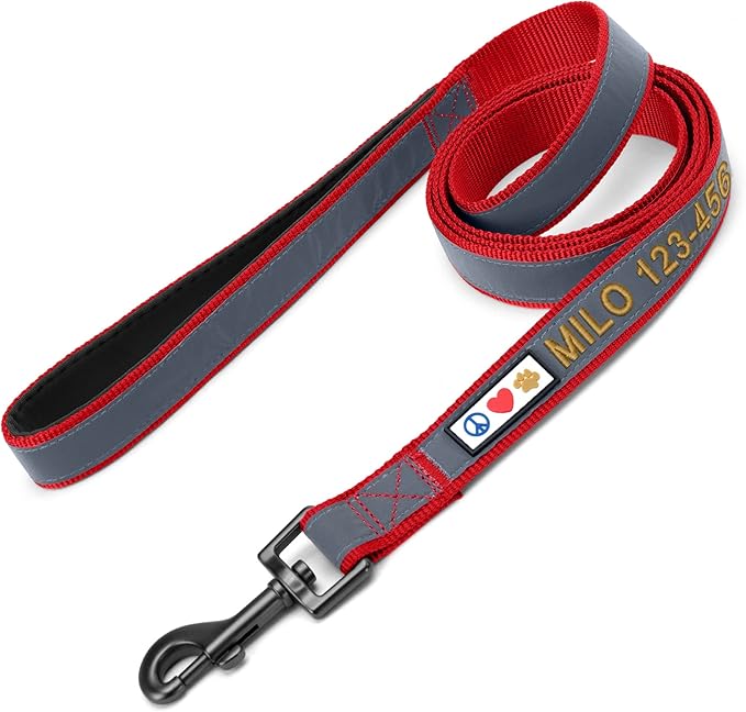 Pawtitas Personalized Red Dog Leash 6 ft Custom ID Lead for Dogs & Puppies Reflective Comfortable Padded Handle Embroidered Name & Phone Number