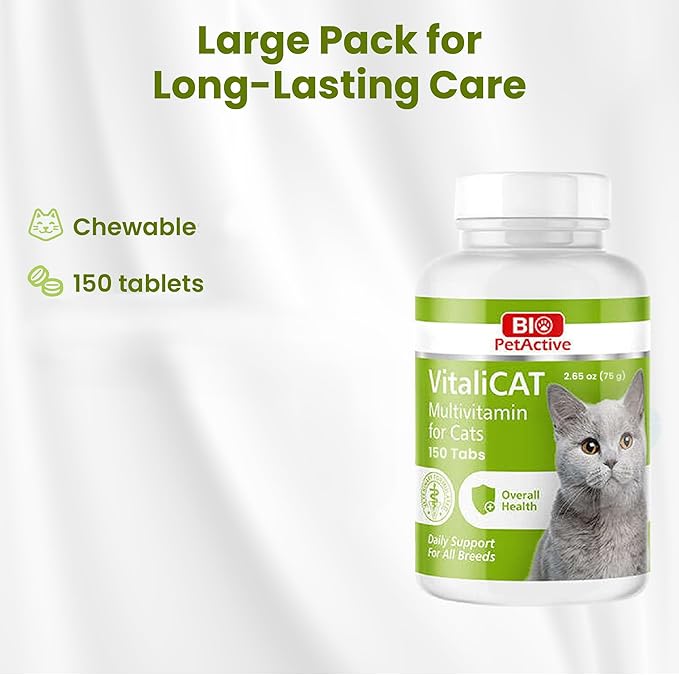 Bio PetActive VitaliCAT Multivitamin Chews for Cats with Biotin, Vitamins A E B-Complex & Amino Acids - Supports Healthy Skin, Shiny Coat & Overall Wellness - 150 Chewable Tablets