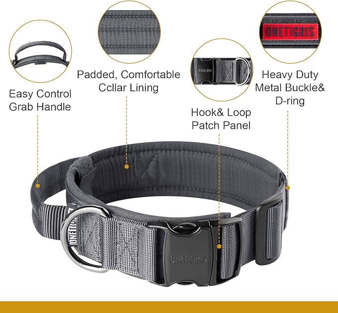 OneTigris Tough Dog Collars, Tactical Dog Collar with Handle, Milltary Adjustable Dog Collar with Heavy Duty Metal Buckle for Training (Gray, S)