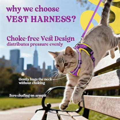 rabbitgoo Cat Harness and Leash for Walking, Escape Proof Soft Adjustable Vest Harnesses for Cats, Easy Control Breathable Reflective Strips Jacket, Purple&Yellow,S
