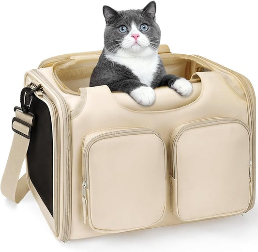 Dog, Cat Carrier for Pets Up to 15 Lbs, Airline Approved Collapsible Soft-Sided Pet Travel Bag with Locking Zippers, Breathable Mesh and 4 Large Pockets, Removable Fleece Pad (Beige)