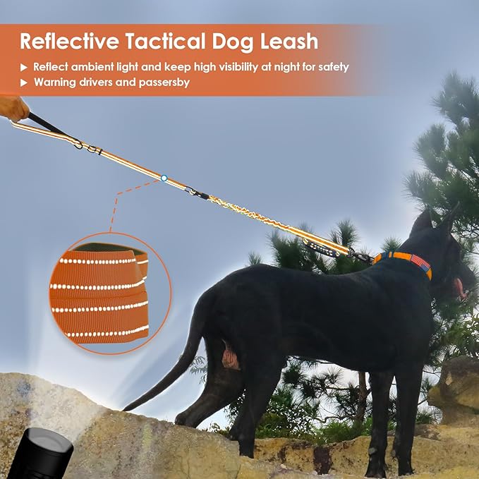 AUBELL Tactical Dog Leash Heavy Duty,4-6ft Reflective Strong No Pull Bungee Leash for Medium Large Dogs with Comfortable Padded Double Handle,Car Seat Belt,360 Degree Rotating Carabiner,Orange