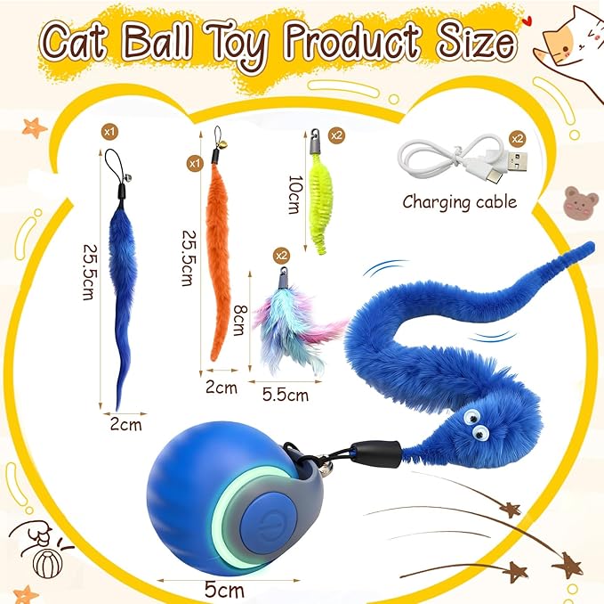 CONAMEI 2PCS Interactive Cat Toys Ball,Newly Upgraded Speedy Tail Cat Toy with USB Charging,Automatic Smart Interactive Cat Toys for Indoor Cats with 6 Tails-Blue&Red