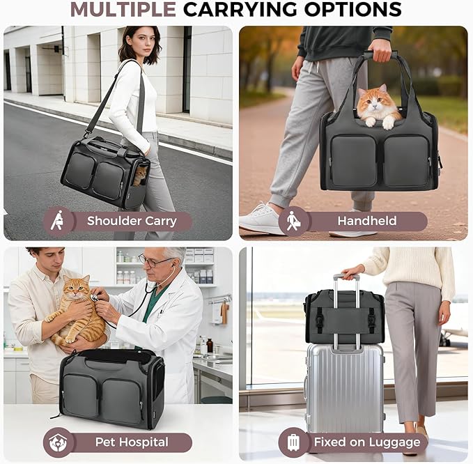 Dog, Cat Carrier for Pets Up to 15 Lbs, Airline Approved Collapsible Soft-Sided Pet Travel Bag with Locking Zippers, Breathable Mesh and 4 Large Pockets, Removable Fleece Pad (Dark Grey)