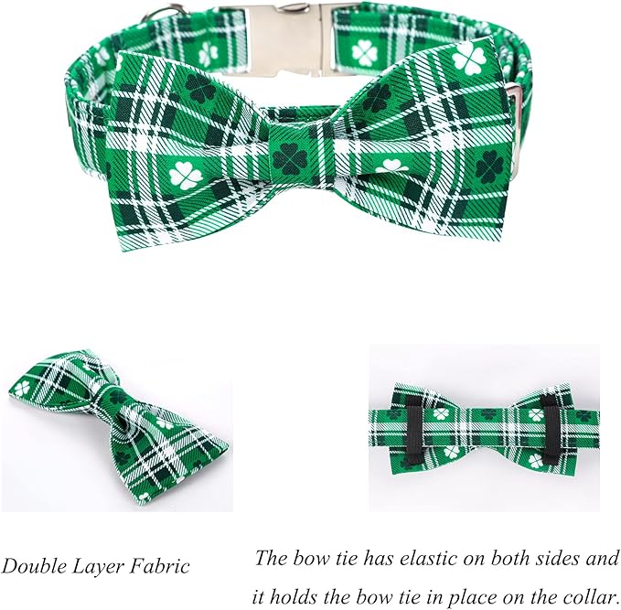 Lionet Paws St Patricks Day Dog Collar with Bowtie, Irish Green Shamrock Clover Bowtie Collar with Metal Buckle for Dog Girl Boy, M, Neck 13.5-22 in