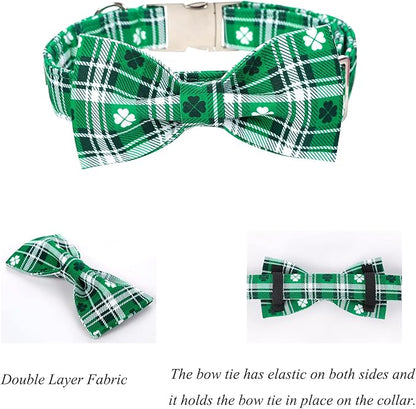Lionet Paws St Patricks Day Dog Collar with Bowtie, Irish Green Shamrock Clover Bowtie Collar with Metal Buckle for Dog Girl Boy, M, Neck 13.5-22 in