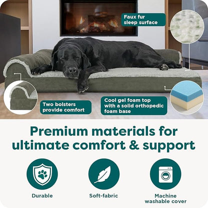 FurHaven Cooling Gel Dog Bed for Large Dogs, L-Shaped Chaise with Cool Gel-Top Foam with a Solid Orthopedic Foam Base for Joint Support, Washable Cover, Jumbo XL, Plush Faux Fur & Suede, Dark Sage