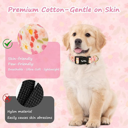 Dog Collar with Cherry Blossom Patterns, Spring Summer Collection Pink Dog Collar with Exquisite Pendant, Durable Adjustable Collars for Gifts & Daily Use-M