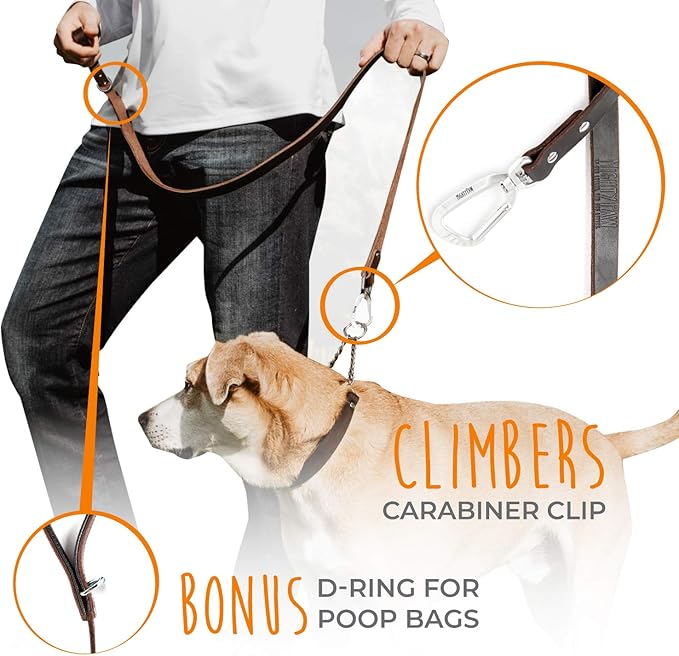 Mighty Paw Leather Dog Leash for Large Breeds - Soft Padded Handle - Extra D-Ring for Waste Bags - Strong Climbers Clip - 6 Ft Dog Leashes for Large Breeds - Leather Lead - Brown