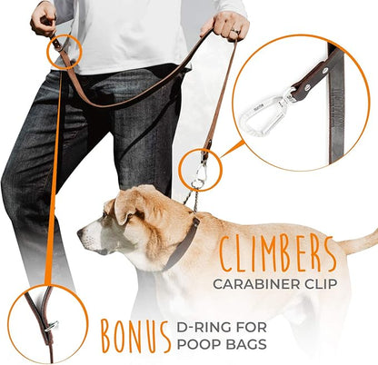 Mighty Paw Leather Dog Leash for Large Breeds - Soft Padded Handle - Extra D-Ring for Waste Bags - Strong Climbers Clip - 6 Ft Dog Leashes for Large Breeds - Leather Lead - Brown