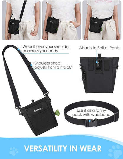 Gobeigo Dog Treat Pouch with Silicone Liner, 【4 Cup】【3 Ways to Wear 】 Treat Bag with Training Clicker, Front Pocket fits All Phones, Upgrade Stronger Magnetic Closure Walking Fanny Pack (Black)