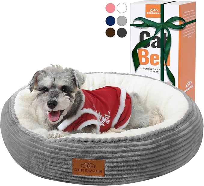 Zerbuger 23in Round Cat Dog Bed for Large Medium Small Dogs Cats, Machine Washable Sleeping Sofa, Non-Slip Bottom Breathable Soft Calming Pet Cuddler for Indoor/Outdoor/Car/Cage, Light Grey