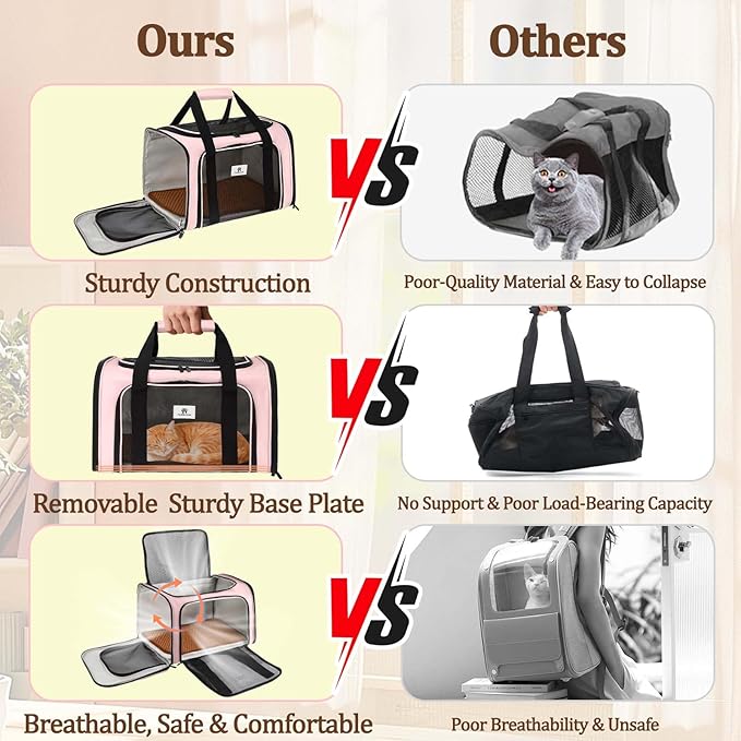 DSDCDJ Cat Carrier Dog Carrier - Soft-Sided Cat Carrier with Plush Pad & Cooling Mat, Easy-Load 4-Side Zipper & 3-Side Mesh Ventilation, Pet Carrier Airline Approved for Cats/Dogs Up to 20 lbs, Pink