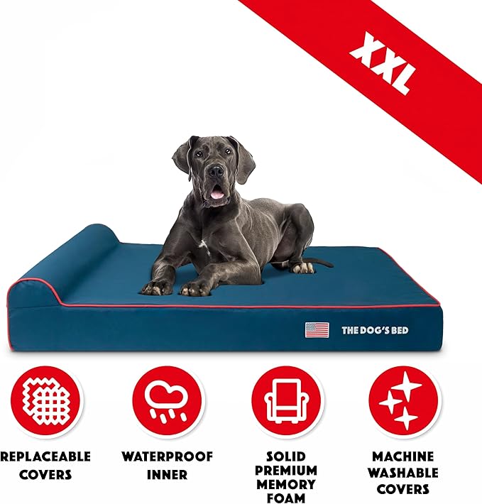 The Dog’s Bed Orthopedic Headrest Dog Bed XXL Blue Oxford with Red Trim US Flag, Memory Foam, Hip & Elbow Dysplasia, Post Surgery, Lameness, Waterproof Washable Cover, Veterinary Approved