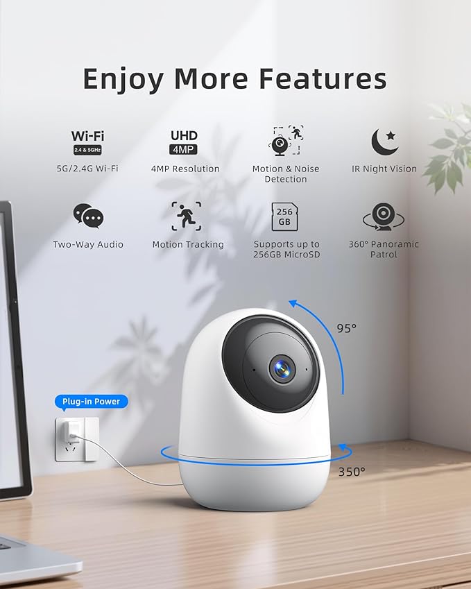 4MP Indoor Camera 5G WiFi 6 Pan Tilt 2.5K Supports MicroSD up to 256GB (No Card) Plug-in Pet Camera with Speaker for Dog/Cat Baby Monitor with Phone App, Motion Tracking, Compatible with Alexa