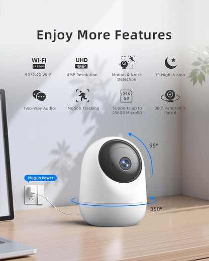 4MP Indoor Camera 5G WiFi 6 Pan Tilt 2.5K Supports MicroSD up to 256GB (No Card) Plug-in Pet Camera with Speaker for Dog/Cat Baby Monitor with Phone App, Motion Tracking, Compatible with Alexa