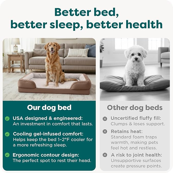 FurHaven Cooling Gel Dog Bed for Large Dogs, Perfect Comfort Sofa Bed, Cool Gel-Top Foam & Solid Orthopedic Foam Base for Joint Support, Removable Washable Cover, Jumbo XL, Plush & Velvet, Brownstone