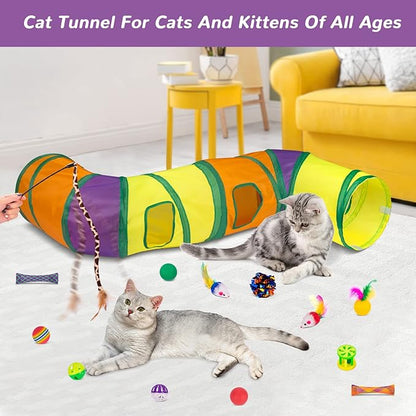 Retro Shaw 33Pcs Cat Toys with Tunnels, Interactive Kitten Toys for Indoor Cats Kitty, Collapsible Cat Tube Tent Feather Wand Teaser Bell Fuzzy Ball Crinkly Springs Mouse - Large Cat Tunnel Toys Set