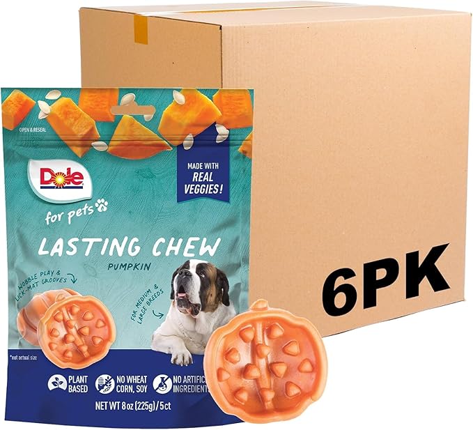 Dole for Pets Freshly Fetched Lasting Chew, Pumpkin Flavor Dog Treats - Flavored with Real Veggies, No Wheat, Corn, Soy, Artificial Flavors, Colors, Preservatives, or Animal Products,8 Ounce - 6 Pack