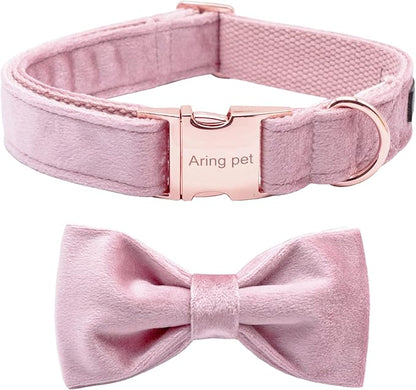 ARING PET Velvet Dog Collars with Bow tie, Bowtie Dog Collar, Cute Pink Collar for Girl and Boy Dogs,Medium.