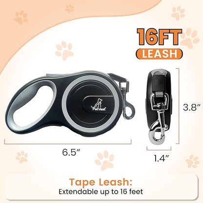 PetVest Retractable Dog Leash – Extendable up to 16 FT, Heavy Duty Nylon Tape, No-Tangle, One-Handed Brake & Lock, for Small to X-Large Dogs up to 110 lbs (Black)