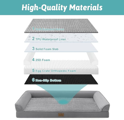 COZY KISS Orthopedic Large Dog Beds, Bolster Pet Couch with Waterproof Lining, Egg Crate Foam Sofa for Pets Up to 65 lbs, U-Shaped, 36x27x6.5 inch, Grey