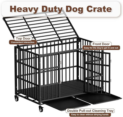 Snuowu 38 Inch Heavy Duty Dog Crate with Wheels，Indestructible Escape-Proof Dog Cage for Large Dogs, Extra Large XL XXL Indestructible Dog Crate with Removable Tray.