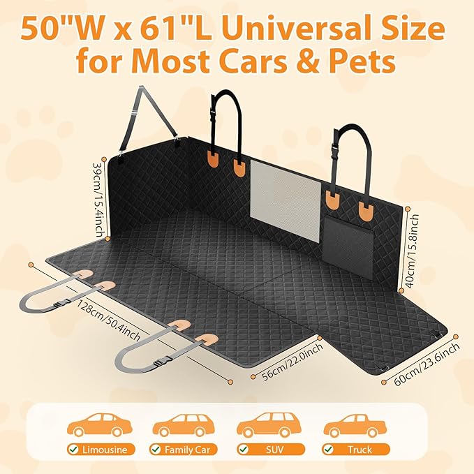 dessports Dog Car Seat Cover - Hard Bottom Back Seat Extender for Dogs Supports 400lbs - Waterproof Pet Seat Cover for Back Seat - Dog Hammock for Car SUV Truck