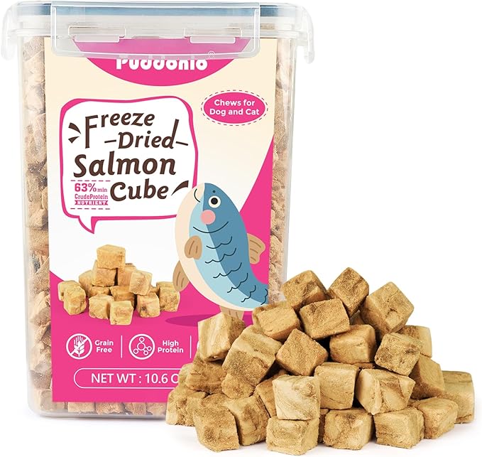 Puddonio Freeze Dried Cats & Dogs Raw Treats, All Natural Single Ingredient Salmon, High Protein Healthy Pet Training Treats or Food Topper, 10.6 oz