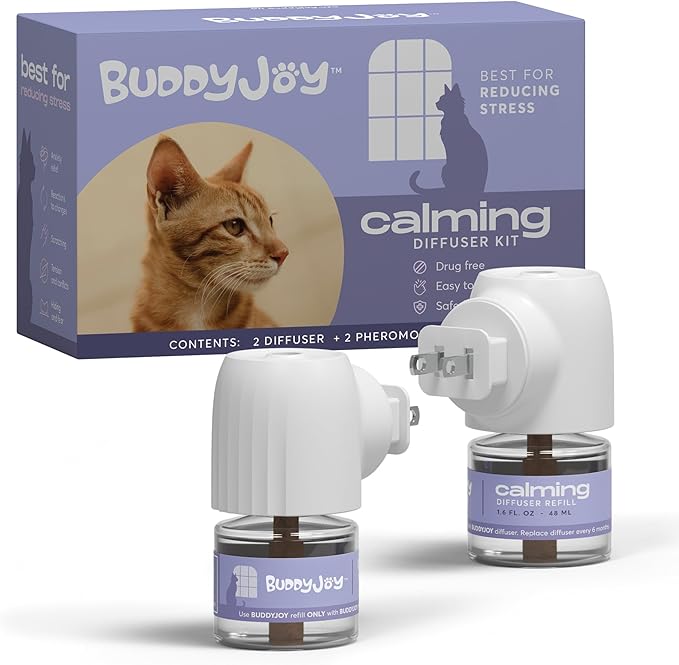 BUDDYJOY Cat Calming Diffuser Refills – Long-Lasting 30-Day Formula, Cat Pheromones Calming Diffuser for Stress Relief, Relaxation, and Anxiety Reduction, Easy to Use – (2 Diffusers + 2 Refills)
