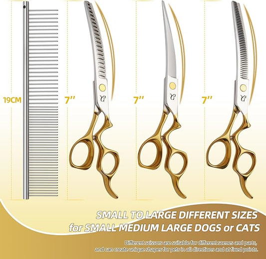 CITYWISH Dog Grooming Scissors,Curved Chunkers Shears Deg Grooming with Safety Round Tips, Sharp and Comfortable 4 in 1 Dog Scissers for Grooming