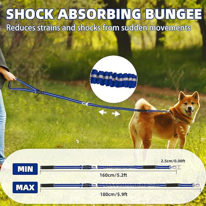 PUPTECK Heavy Duty Bungee Leash for Medium Large Dogs, No Pull Tactical Dog Leash with Double Handles for Training, Reflective with Car Seatbelt and Quick Release Buckle, Blue