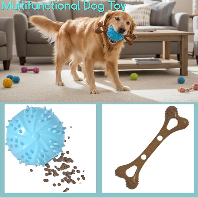 sidaeren Dog Toys,Hybrid Dog Chew Toy for Aggressive Chewers, 2-in-1 Durable Wood-Plastic Bone & TPR Spike Ball, Natural Wood Scent, Integrated Safe Design for 20-100 lbs Medium Large Breeds